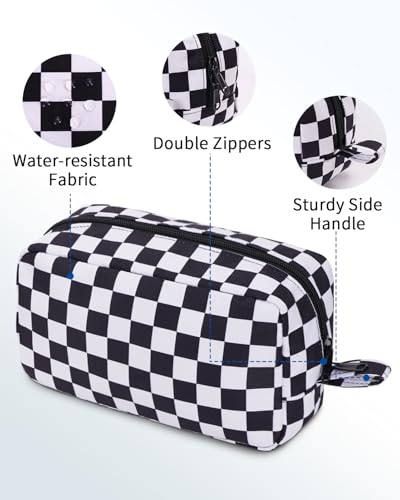 Image of Narwey Checkered Makeup Bag, Travel Cosmetic Bag Organizer, Toiletry Bag Make Up Bags with Organized Pockets for Women (Black Checkerboard, Large)