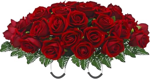 Artificial Roses Cemetery Flowers Outdoor Grave Decorations - Realistic - Saddle Arrangement for Headstone,Tombstone Memorial Decorations,Easy Fit (Red) image 3