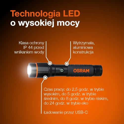 OSRAM LEDinspect PRO TORCH 800, akumulatorowa latarka inspekcyjna LED, funkcja zoom, jasność 800lm, 6000K, 5 trybów światła