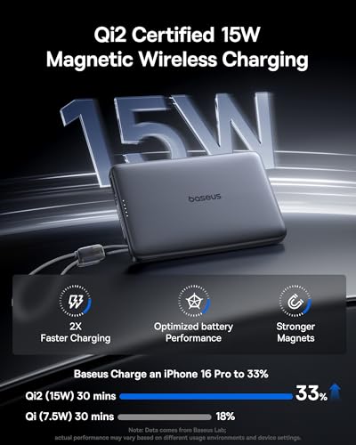 Image of Baseus Picogo Qi2 15W Magsafe Portable Charger, 0.5 inch Ultra Slim 10000mAh Wireless Power Bank with 27W Built-in USB-C Cable, Magnetic Battery Pack for iPhone 17 Pro Max /17 Pro /Air /16 /15 /14 /13 /12