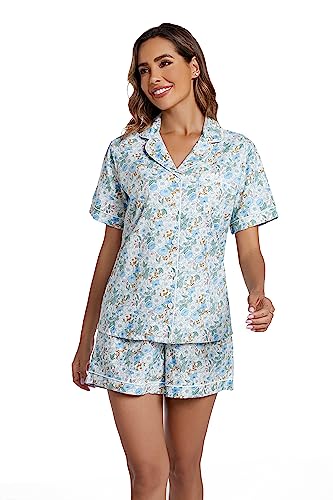 Image of LUBOT 100% Cotton Pajamas for Women 2 Piece PJ Set Poplin Woven Lightweight Ladies Button Short Sleeve Sleepwear S-XXL