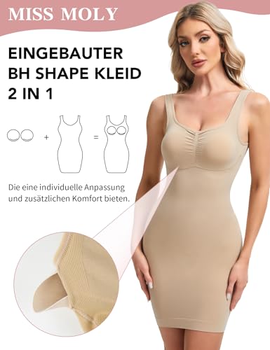 MISS MOLY Shapewear Damen Kleid Nahtlose Shape Miederkleid Bauch Weg Unterkleider für Damen Figurformende Unterröcke Tummy Control Full Slips mit BH (Beige,XL)