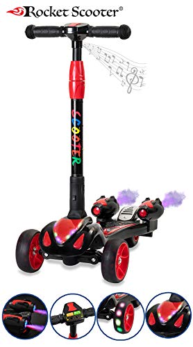 The Original Rocket Scooter, Kids Kick Scooter, Music, 3 Colors Lighted Wheels, Spray Lights, Sturdy Steering Handlebar, Stable Board, Adjustable Height & Foldable Design (Black)