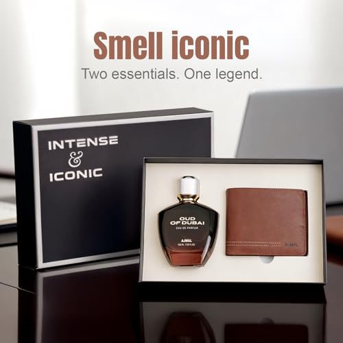 Image of Ajmal | Intense Iconic Perfume Gift Set for Men | Oud of Dubai Perfume 100 ml + Wallet | Premium Eau De Parfum | Long Lasting Fragrance for Men | Luxury Gift Set for Men, Gift for Father, Gift for Husband