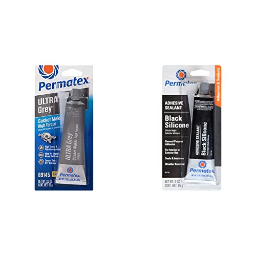Permatex 82194 Ultra Grey Rigid High-Torque RTV Silicone Gasket Maker, 3.5 oz. & 81158 Black Silicone Adhesive Sealant, 3 oz. Tube, Pack of 1