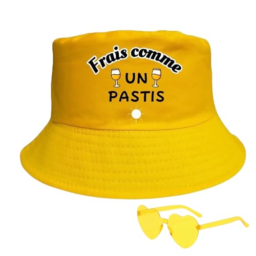 AHEZQILU Bob Homme en Set 2 Pièces Jaune, avec Lunettes De Soleil Coeur Et Slogan Frais comme Un Pastis, Look Plage Festival Vacances Été Terrasse Voyage pour Bob Femme Et Bobs Homme