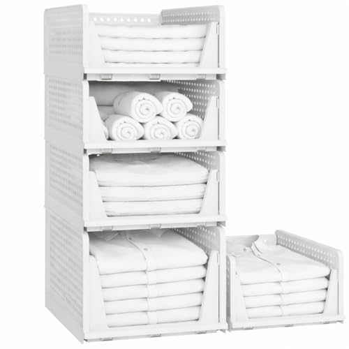 Image of URBAN LUXY Foldable Plastic Rack for Storage /Kitchen Cupboard /Sturdy Wardrobe for Clothes /Multipurpose Storage Organizer /Closet for Bedroom /Living Room /Laundry (FOLDABLE STACKABLE BASKET-WHITE, 5PCS)