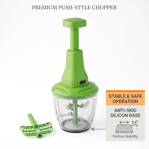 Image of Manual Push Chopper 1100ml for Kitchen Use, 5 Blade Vegetable & Fruit Cutter with Whisker, Multipurpose Food Chopper for Onion, Garlic, Ginger, Tomato, Salad & More (Multicolor) (1, 1100 ML)