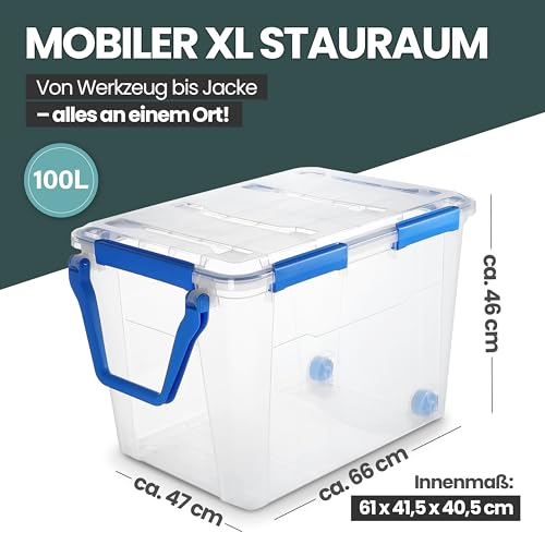 Kreher® Wasserdichte Aufbewahrungsbox Rollbox Transportbox (IP67) mit Deckel und Rollen. Aus robustem Kunststoff mit praktischen Transportgriff. 100 Liter Volumen. Staub- und Nässegschützt. (1)