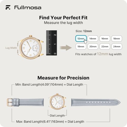 Image of Fullmosa 12mm Quick Release Leather Watch Band | Traditional Smartwatch Replacement Strap for Women Formal Daily Commute, Light Gray&Rosegold Buckle