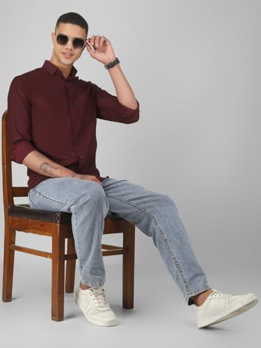 Image of Mens Cotton Lycra Full Sleeve Slim Fit Semi-Formal Shirt | Textured Pattern | Curved Hem