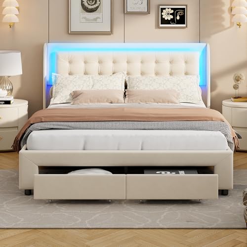 DADEA Letto baule 160 x 200 con rete, letto per adulti 160 x 200 con LED e 2 cassetti, lettoimbottito con rete con testiera imbottita per lettomatrimoniale, lettoper adulti con ripostiglio