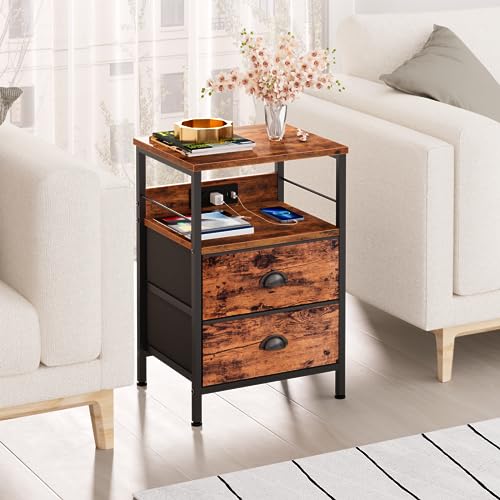 image for Furologee End Table with Charging Station, Nightstand with Fabric Draw