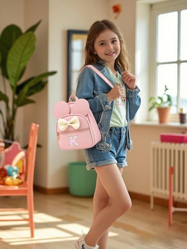 Initial Mini Backpack for Girls Toddler Kids, Small Mouse Personalized Bowknot Purse Gift (Pink K)2