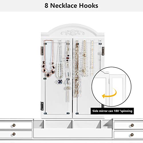 Charmaid Vanity Desk Set, White Dressing Table With Trifold Mirror, 8 Necklace Hooks, 7 Drawers, Storage Grid Organizer Box, Makeup Vanities With Cushioned Stool For Girls Women Bedroom #TOP3