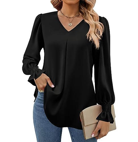 Funlingo 2024 Long Sleeve Shirts for Women Dressy Causal Clothes Business V-Neck Chiffon Tops Loose Trendy Work Tunic Blouse Solid Black M