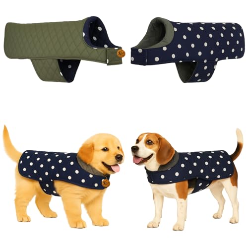 Image of Sage Square Dual-Sided Polka Dot Dog Jacket - Protective Cold-Weather Gear for Pets, Lightweight, Cushioned, Designed for Warmth & Comfort Indoors or Outside (Polka Navy Blue, XXL - 22 Inch)