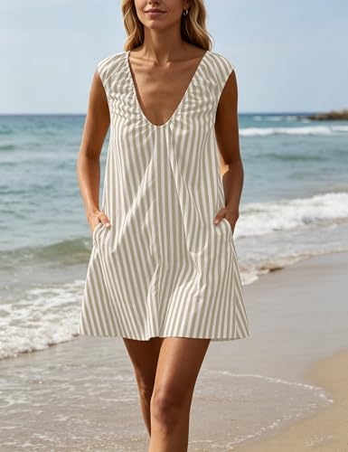 Image of Women Summer Sleeveless Babydoll Mini Dress Scoop Neck Loose Fit Tank Dresses Party Ruched Short Dress with Pockets