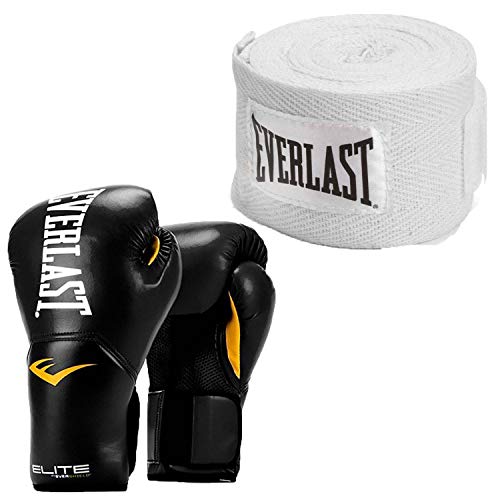 Everlast Black Elite Pro Style Training Boxing Gloves 8 Ounce and White 120 Inch Hand Wraps
