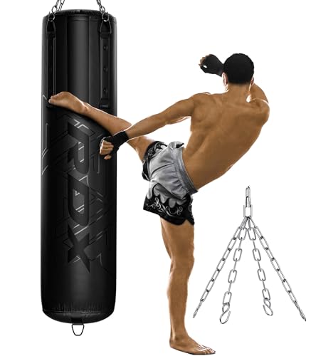RDX Saco de Boxeo Adulto Sin Relleno 5FT, 2PC 3PC 4PC Cuero Maya Hide Punching Bag Set con Guantes, Cadena y Soporte de pared, Bolsa Punch para Artes Marciales Muay Thai Boxing, Hogar Gimnasio Fitness