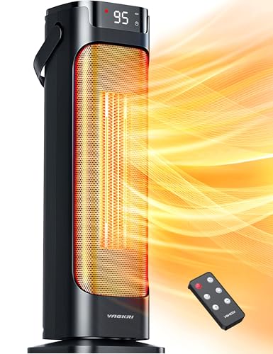 VAGKRI 24” Oscillating Ceramic Tower Space Heater,Fast Ceramic Heater with Thermostat and Remote,Portable Electric Heater with Tip-Over & Overheating Protection, 3 Modes for Bedroom, Office Black