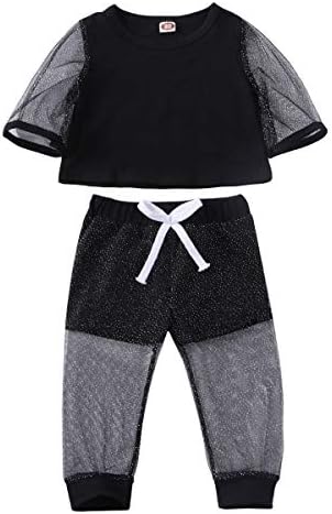 Toddler Baby Girl Clothes Set Mesh Flare Short Sleeve Crop Top T-Shirts Pants Casual Tracksuit 2PCS Outfits Set