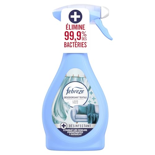 Febreze Spray Désodorisant Textile Désinfectant 385 ML Linge Frais, Élimine 99,9% Des Bactéries, Combat Les Odeurs Difficiles Et Rafraîchit