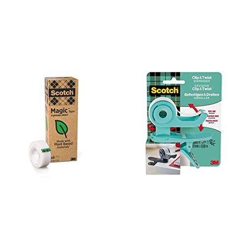 Scotch Magic Invisible Tape A Greener Choice, 19mm x 33m, 9 Rolls - Plant-based Solvent Free Adhesive & Plastic Core & 90103 C&T Tape Dispenser, Grey, 1 Roll, 19 x 9.8 m