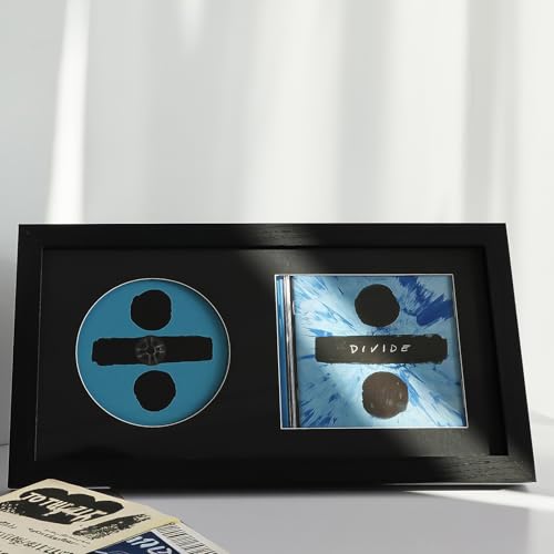 CD Display Frame with Real Glass, Signed Music Disc Wooden Case for Tabletop&Wall mount,Autograph Album Picture Frame Table Stand and Wall Shelf Décor(Black frame&Black mat)
