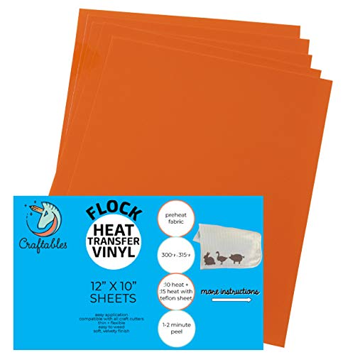 Craftables Orange Flocked Htv Craft Vinyl - Flock Heat Transfer Vinyl For Cricut And Silhouette Cameo - 12" X 9.8" - (5) Sheets #TOP22