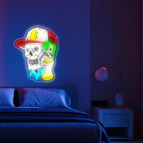 Image of Skull & Dollar Dreams LED Neon Sign USB Powered for Wall Decor, Horror Bones Neon Night Light Sign Dimmable for Boys Room Party Decor Halloween Birthday Gifts