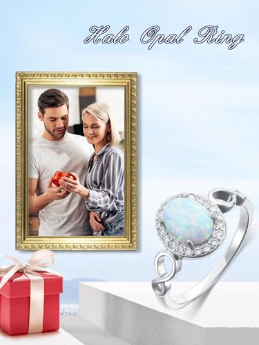 KZX Halo Opal Ring 925 Sterling Silver White Opal Ring Oval Opal Engagement Halo Ring Jewelry Valentine's Day Mother's Day Gift for Women Girls (Ring Size 6-8)4