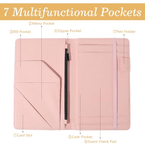 CREATCABIN Rosa Serverbücher Serverbuch Aus PU Leder Mit Reißverschluss Und Tasche Sonne Mond Schreibgerät Kellner Klemmbretter Booklet Organizer Für Restaurants Cafés Bars Ticket Und Quittungshalter