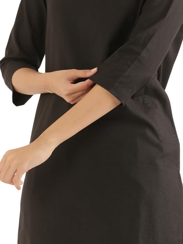 Image of SAADAA Airy Linen Mid Thigh Length Kurta for Women | Stylish Split Neck, 3 /4 Sleeves & Side Pockets | Comfortable Everyday Wear Kurta | Breathable Fabric |