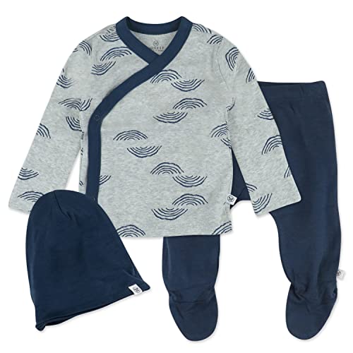Image of HonestBaby 3-Piece Organic Cotton Kimono Top, Footed Pant & Headband/Beanie Set for Infant Baby Boys, Girls, Unisex