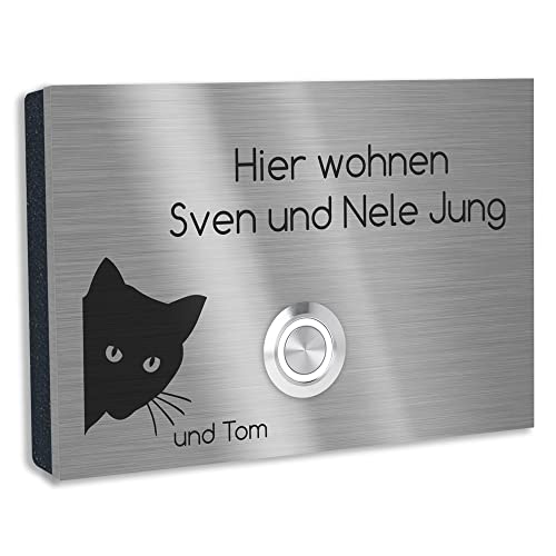 Jung-Edelstahl-Design V2A Edelstahl Türklingel London1 Motiv Katze. Klingelschild mit Gravur 12x8 cm. Led Klingeltaster. Klingelplatte Aufputz oder Unterputzmontage Cover