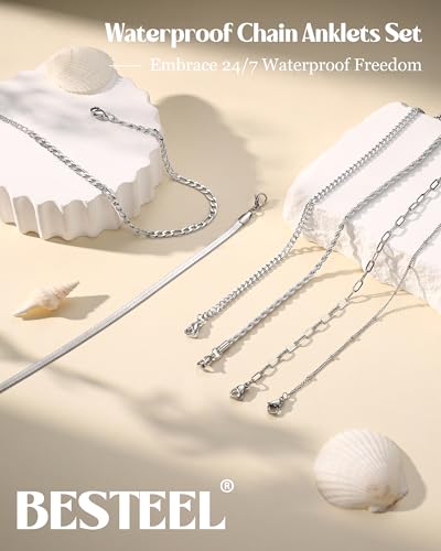 Image of Besteel Ankle Bracelets for Women Waterproof - 14K Gold Plated Non Tarnish Layered Cuban Link Chain Rope Figaro Herringbone Anklets Set Plus Size Anklet Summer Foot Jewelry Gift Adjustable 8-12 Inch