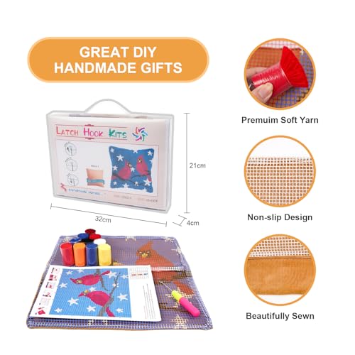Image of QIONG MENG Latch Hook Kits for Adults, DIY Cardinal 4th of July Patriotic Pattern Pillow Cover Kit Needlework Cushion Cover Hand Craft Crochet for Home Sofa Decorations 17 x 17 Inch