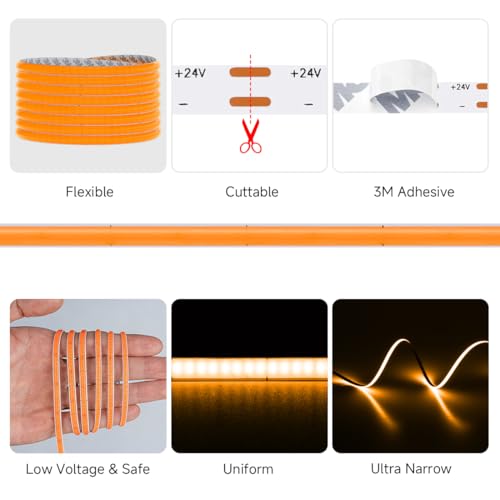 Image of 5mm Orange COB LED Strip Light DC24V Narrow Thin Flexible High Density Uniform Cob Strips 16.4FT UL Listed Dimmable CRI 90+ LED Tape Lights for Car Cabinets, No Controller /Adapter