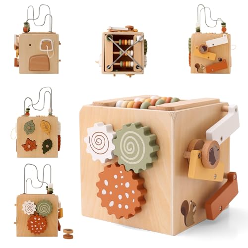 WOODEN TEETHER Montessori Motorikwürfel holzspielzeug Montessori Spielzeug 6 in 1（Naturholzfarbe Aktivitätswürfel）