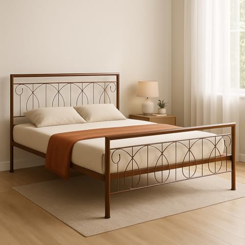 Image of Kovu Metal Queen Size Bed Without Storage | Wrought Iron Double Bed with Headboard & Footboard | Sturdy Powder Coated Platform Bed Queen Size Cot for BedroomLivingRoom Brown (75x60)