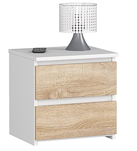 AKORD | Commode à 2 tiroirs - Armoire multi-usages - Bureau d'angle - Pour la maison - Montage facile - 40 x 40 x 35 cm - Blanc et façade en chêne Sonoma