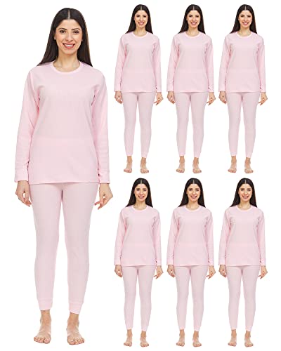 BILLIONHATS 6 Pack of 2pc Thermal Sets for Woman, Base Layer Long Johns Underwear, Top & Bottom, Cotton, Solid Colors (Medium, Pink)