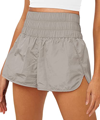 Trendy Queen Womens High Waisted Athletic Shorts Elastic Casual Summer Running Shorts Quick Dry Gym Workout Shorts Khaki #TOP30