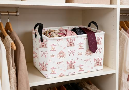 Image of Essme Rectangular Pink Baskets,Girls Storage Box,Cute Basket for Kids with Handles for Room Decor, Book Bins,Shelf Basket.(Castle)