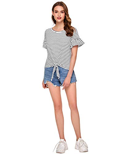 Romwe Women's Short Sleeve Tie Front Knot Casual Loose Fit Tee T-Shirt White Xl #TOP2