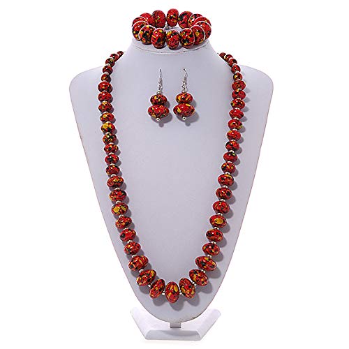 Juego de collar largo de cuentas de madera negro y rojo con aretes 2
