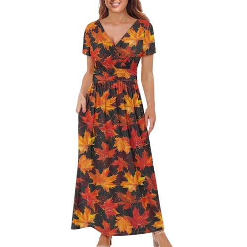 Image of Women's Fall Summer Short Sleeve Ankle Length V-Neck Party Dress with Pockets Size S-3XL