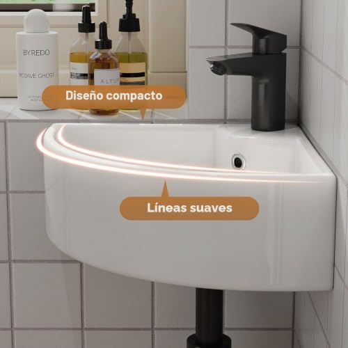 Miniatura 3 de Lavabo De Esquina Con Borde Fino - Montado En La Pared Para Invitados, Cerámica Con Orificio Para Grifo En Baño - 46 X 31 Cm