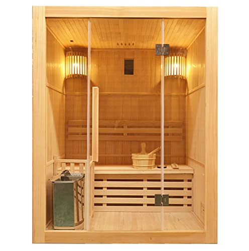 Sanotechnik Sauna finlandesa RIGA para 3 personas, estufa de sauna con piedras para sauna, 2 lámparas, cristal de seguridad, ventilación, cubo con creador, termómetro y reloj de arena, dimensiones: